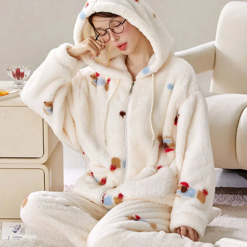 Women's Hooded Cartoon Pajama Set – Warm Fleece 2-Piece Homewear