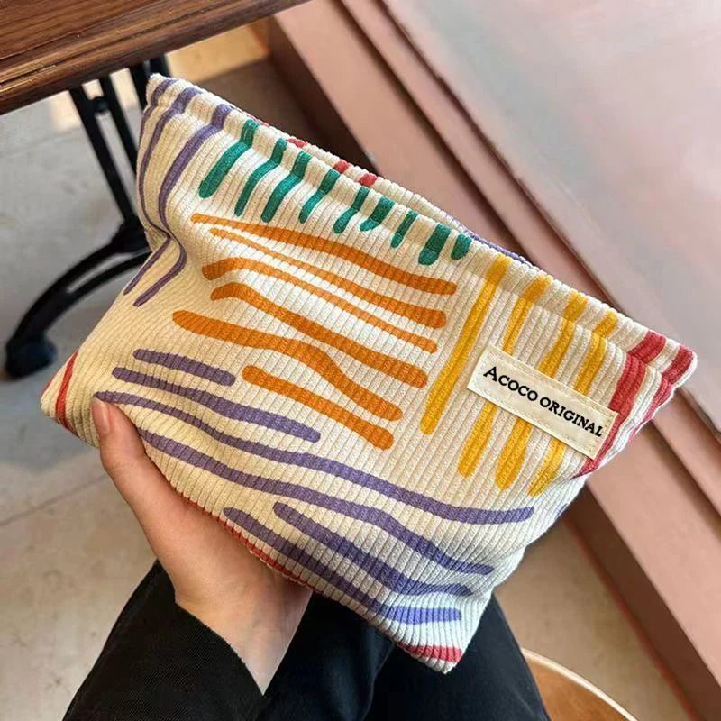 Colorful Stripes Corduroy Cosmetic Bag | Travel Toiletry Bag