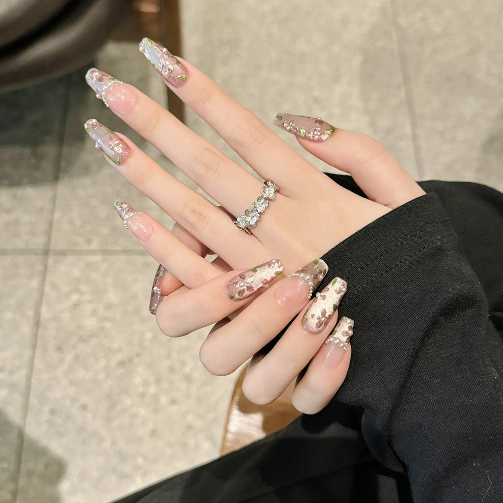 Handmade Cat Eye Press On Nails | Pearl Flower Korean Design
