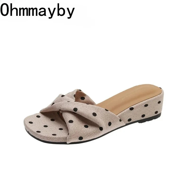 Women's Polka Dot Wedge Slippers – Open Toe Slip-On Slides