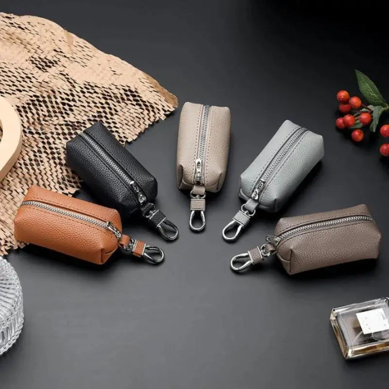 Double Zipper PU Leather Key & Coin Pouch with Metal Clip