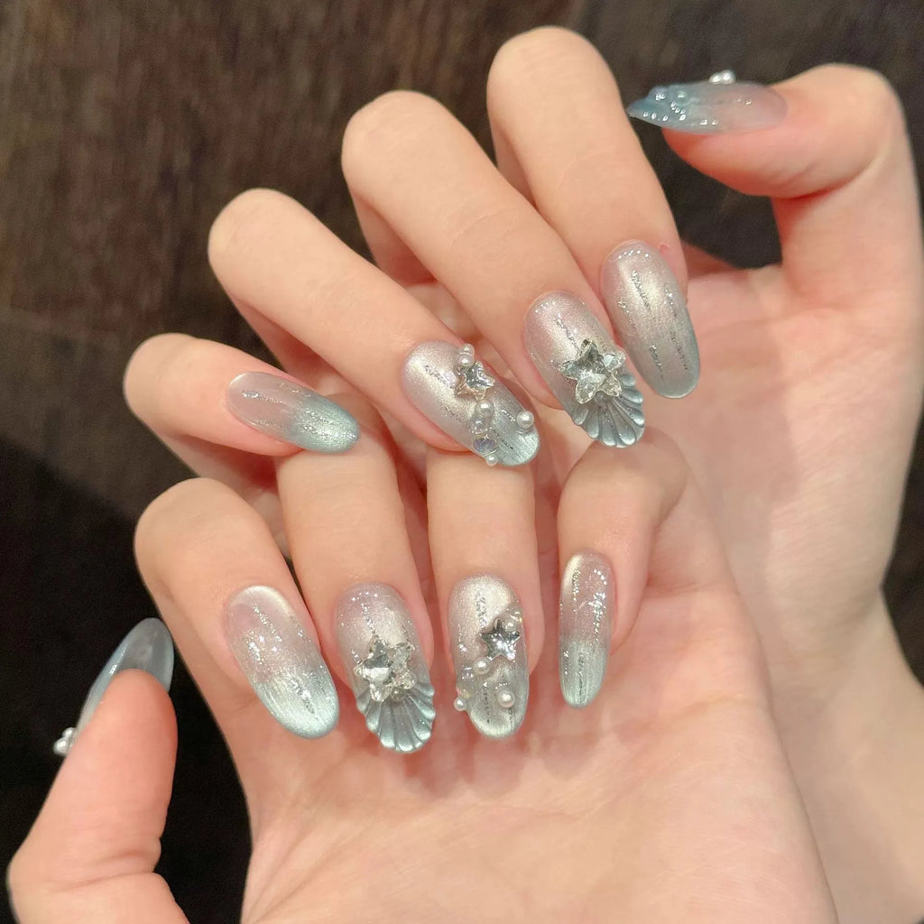 Blue Cat Eye Press On Nails – Star Rhinestone Y2K, 10pcs