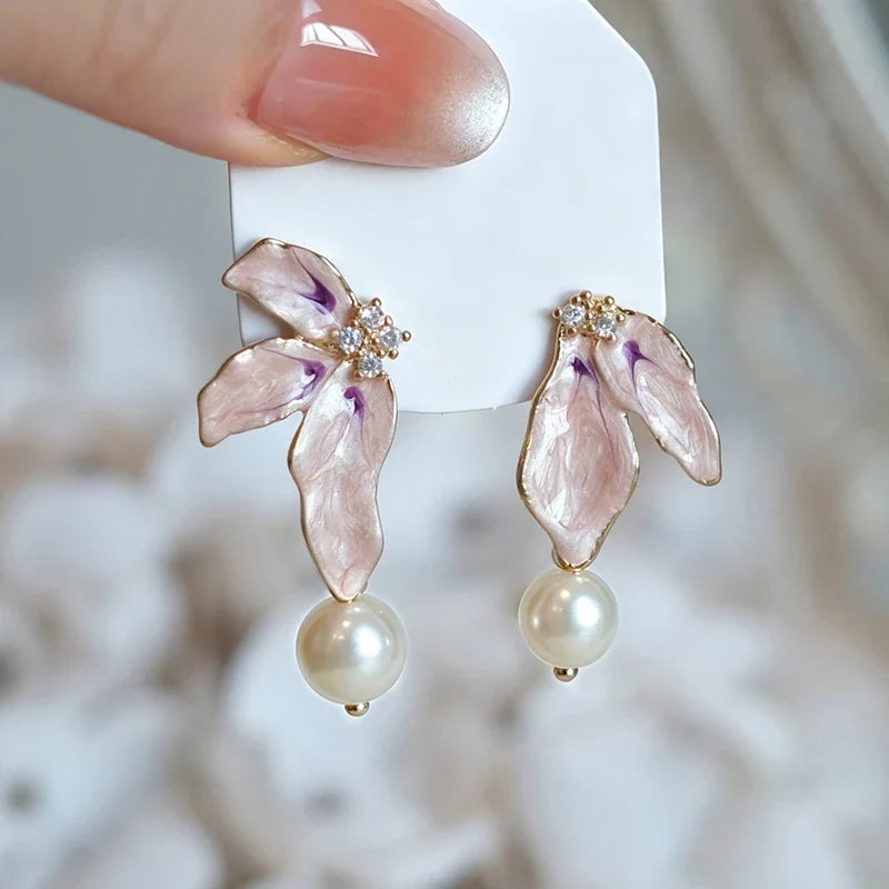 Huitan Pink Enamel Flower & Pearl Drop Earrings | Women