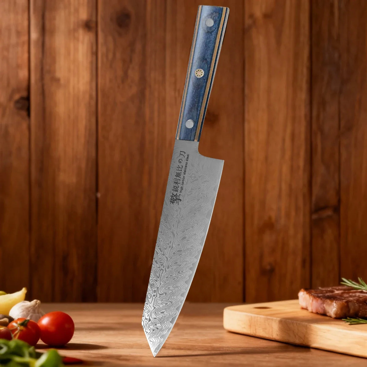 Damascus Chef's Knife – Japanese Santoku Wood Handle | 20cm