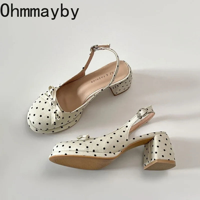 Women's Polka Dot Bow Slingback Sandals | Square Heel