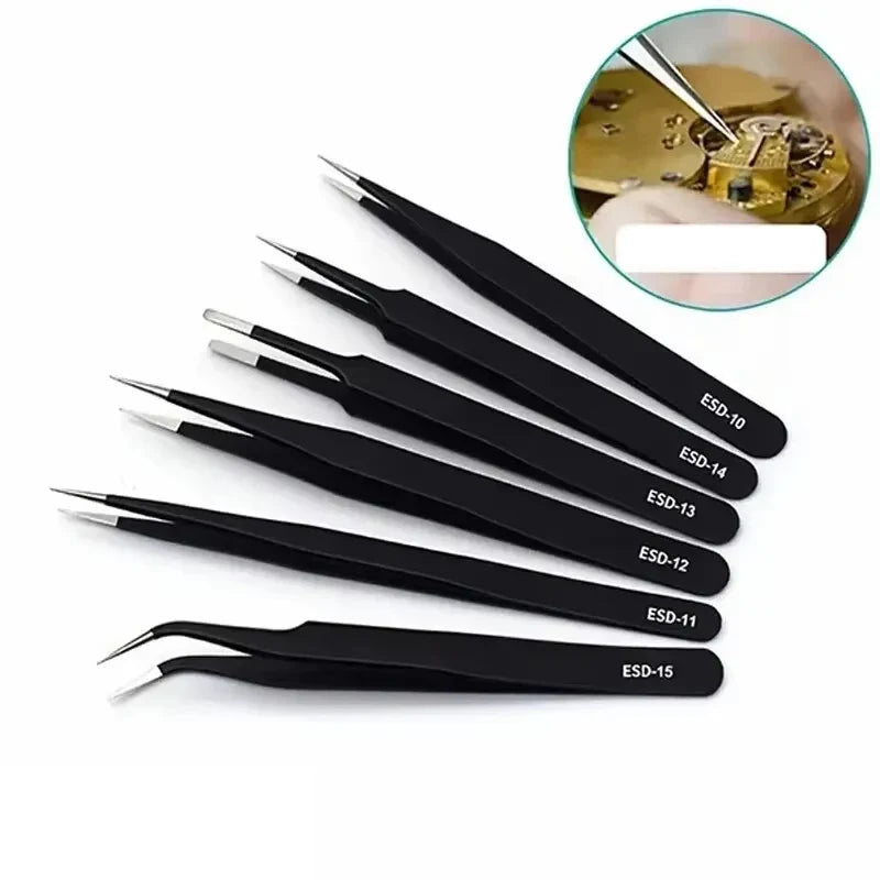 6-Piece ESD Anti-Static Precision Tweezers Set | Stainless Steel