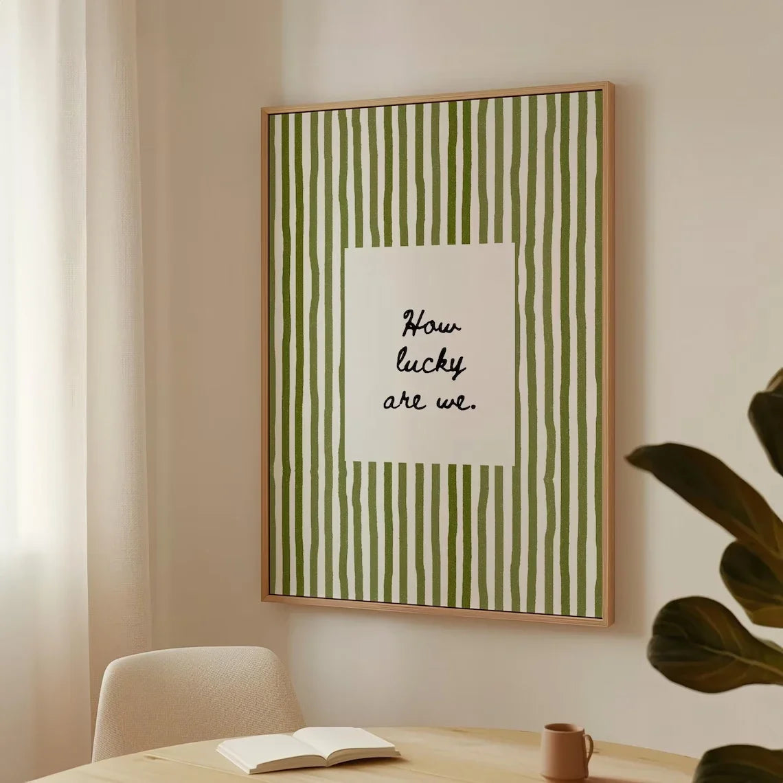 "How Lucky Are We" Olive Green Striped Canvas Wall Art Print