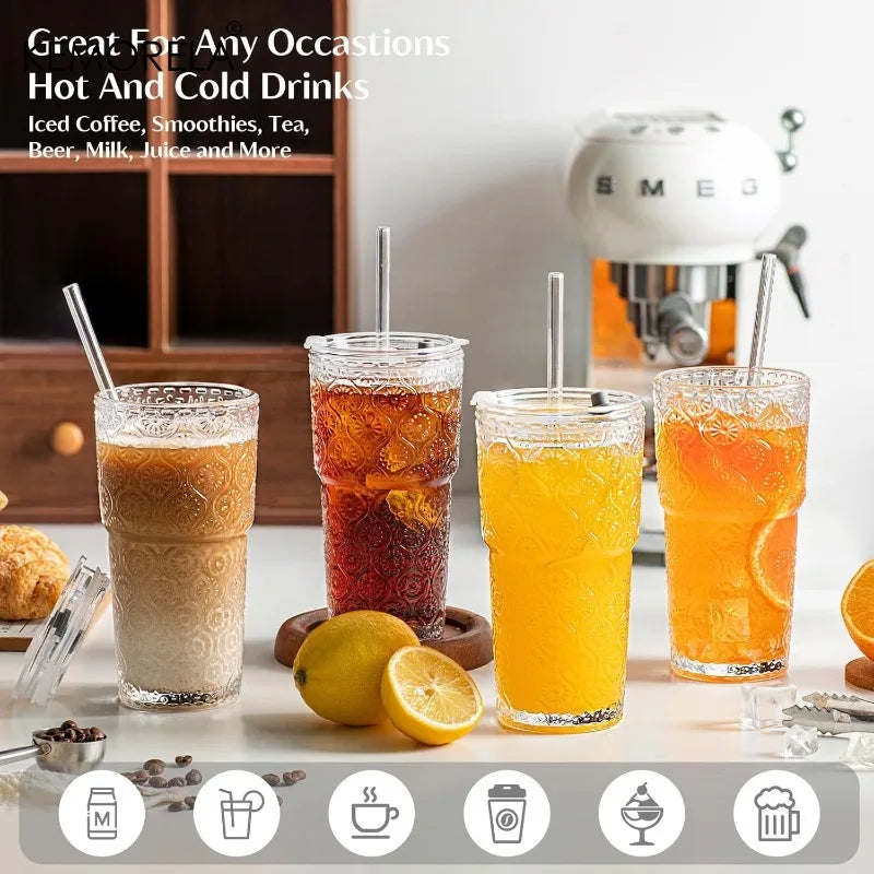 KEMORELA 600ml Begonia Glass Tumblers Set of 4 with Lids & Straws