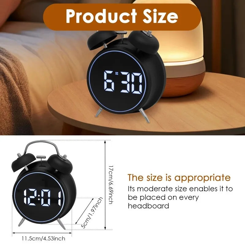 Dual Bell Digital Alarm Clock – LED Display, Metal, Kids & Adults