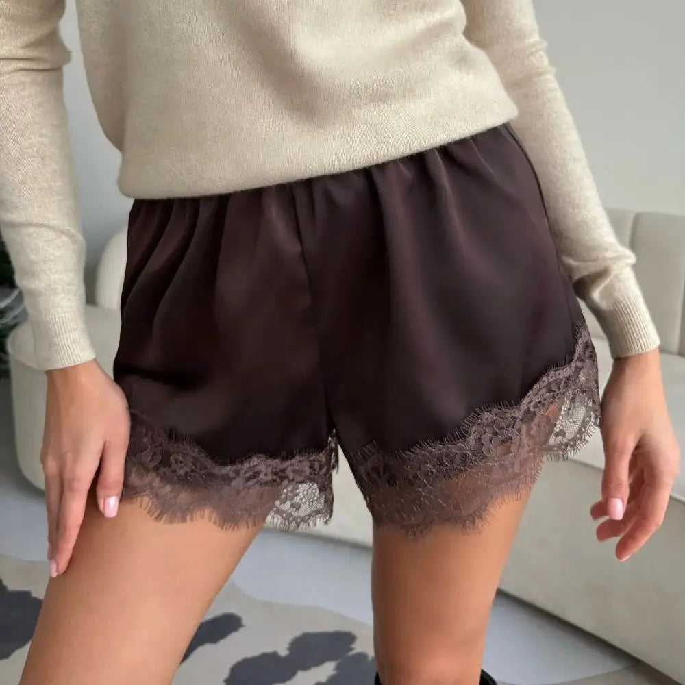 Women's Satin Lace Wide Leg Shorts – Elastic Waist Y2K Style