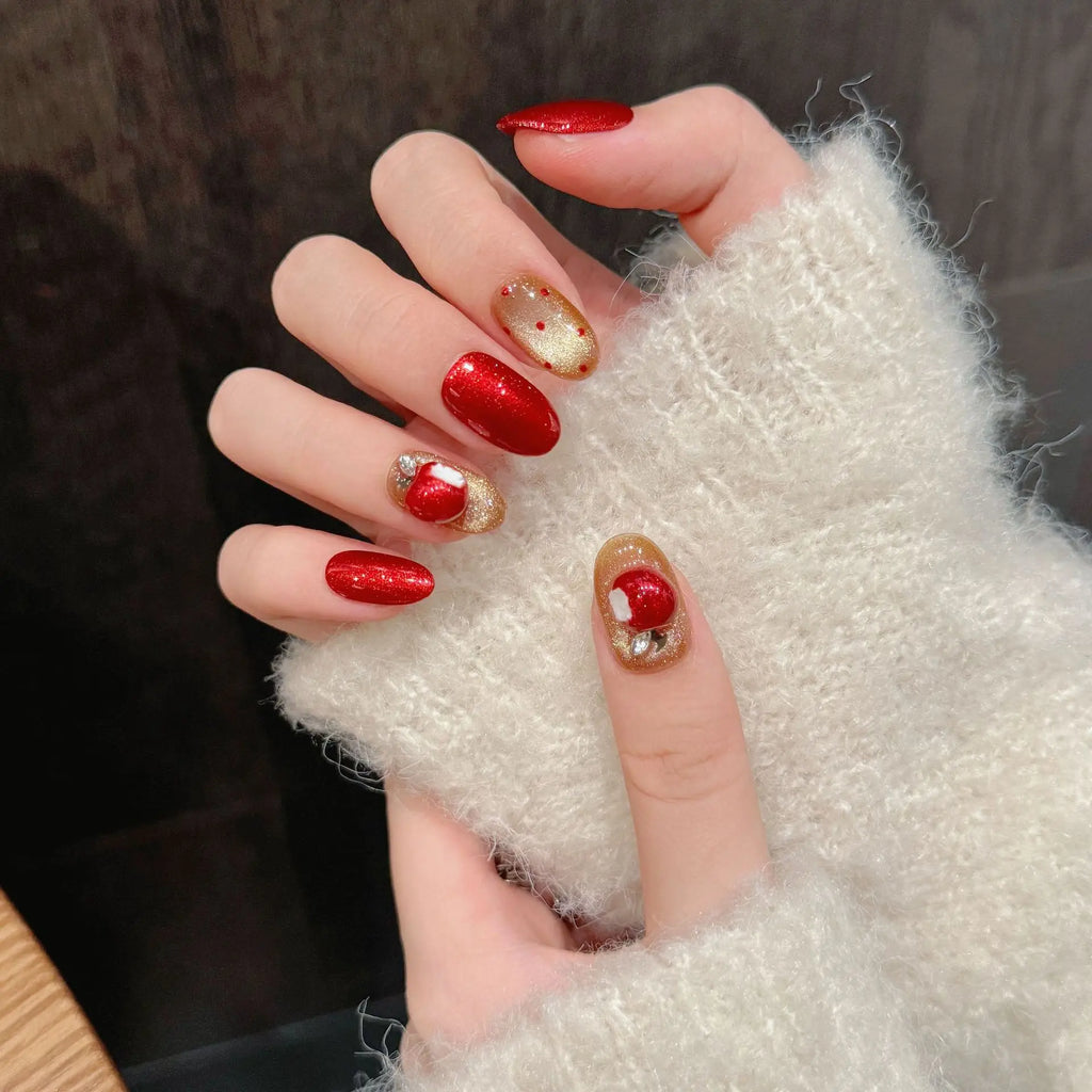 Christmas Press-On Nails Red Apple Cat Eye Design | 10pcs