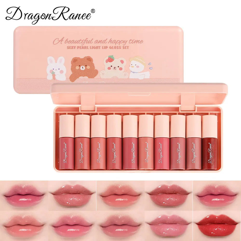 10-Color Cartoon Lip Gloss Set – Waterproof Mirror Finish Glaze