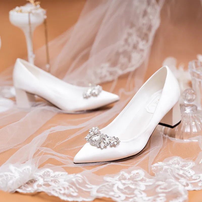 White Rhinestone Bridal Pumps – Pointed Toe Block Heel Sizes 34–43