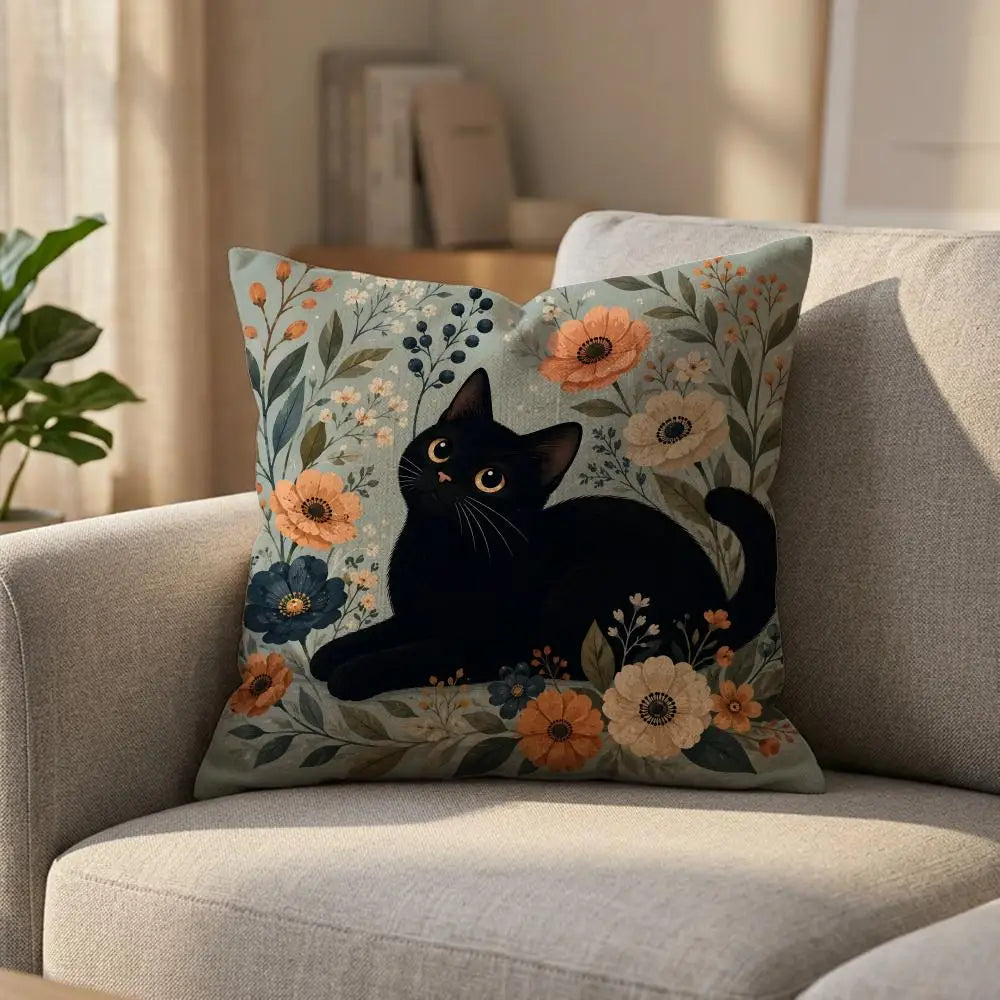 Black Cat Floral Linen Cushion Cover | Sofa & Bedroom Decor
