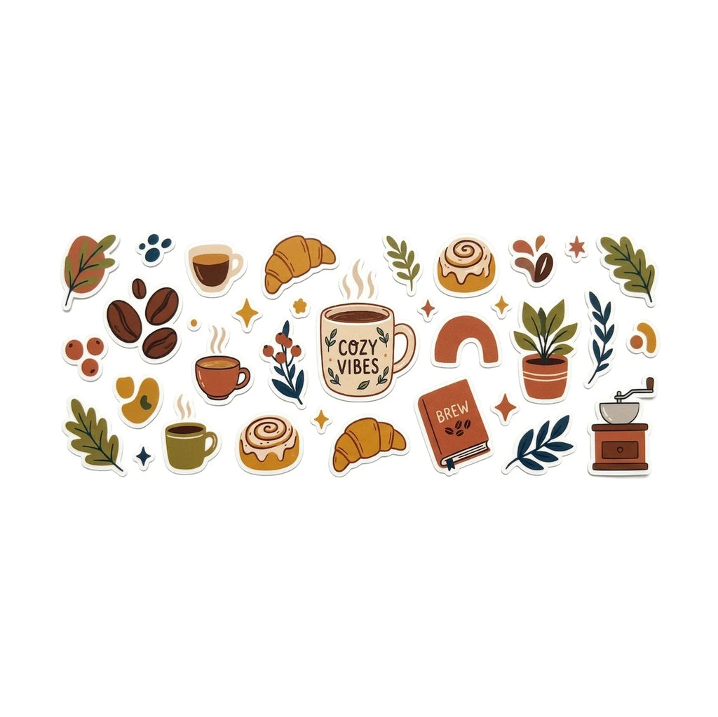 Cozy Coffee UV Transfer Stickers – Waterproof Cafe Decals