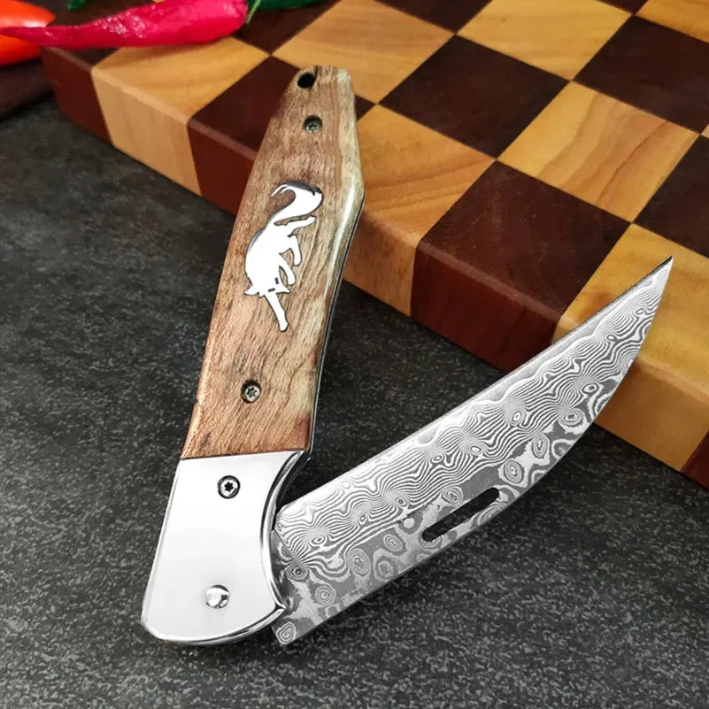 Damascus Steel Folding Knife – Sharp Wood Handle Kitchen Knife