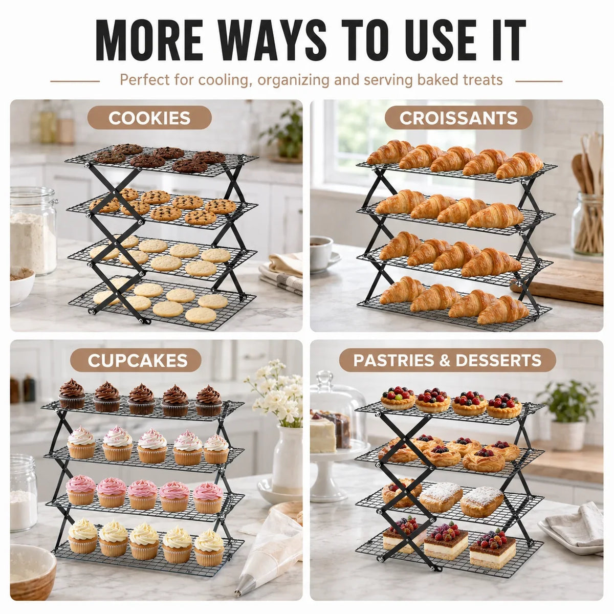 Foldable 2/3/4 Tier Cooling Rack – Stackable Wire Grid Baking Stand