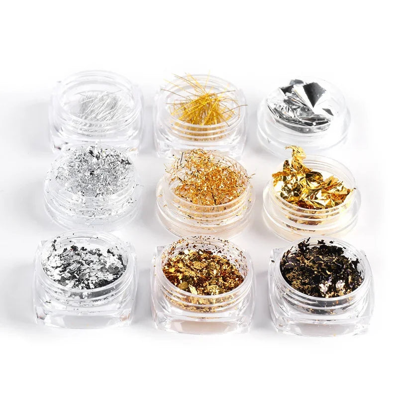 12-Color Metallic Nail Foil Flakes – Gold Silver Copper Gilding Kit