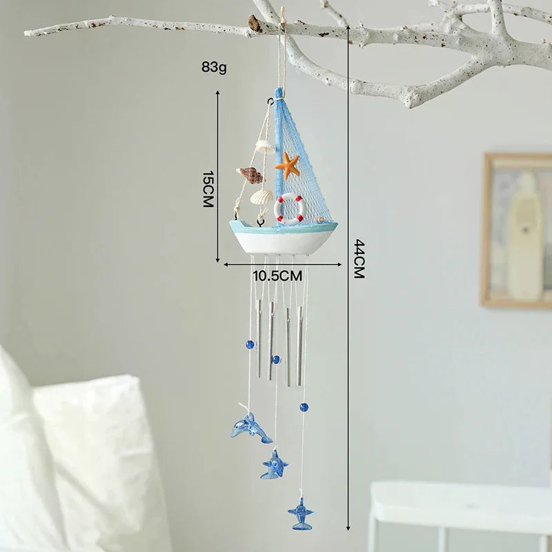 Mediterranean Wooden Sailboat Wind Chime Hanging Ornament