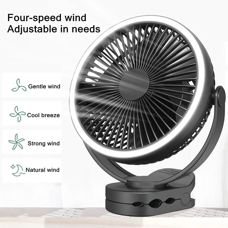 9000mAh Clip Fan with LED Lamp – Rechargeable Portable Fan