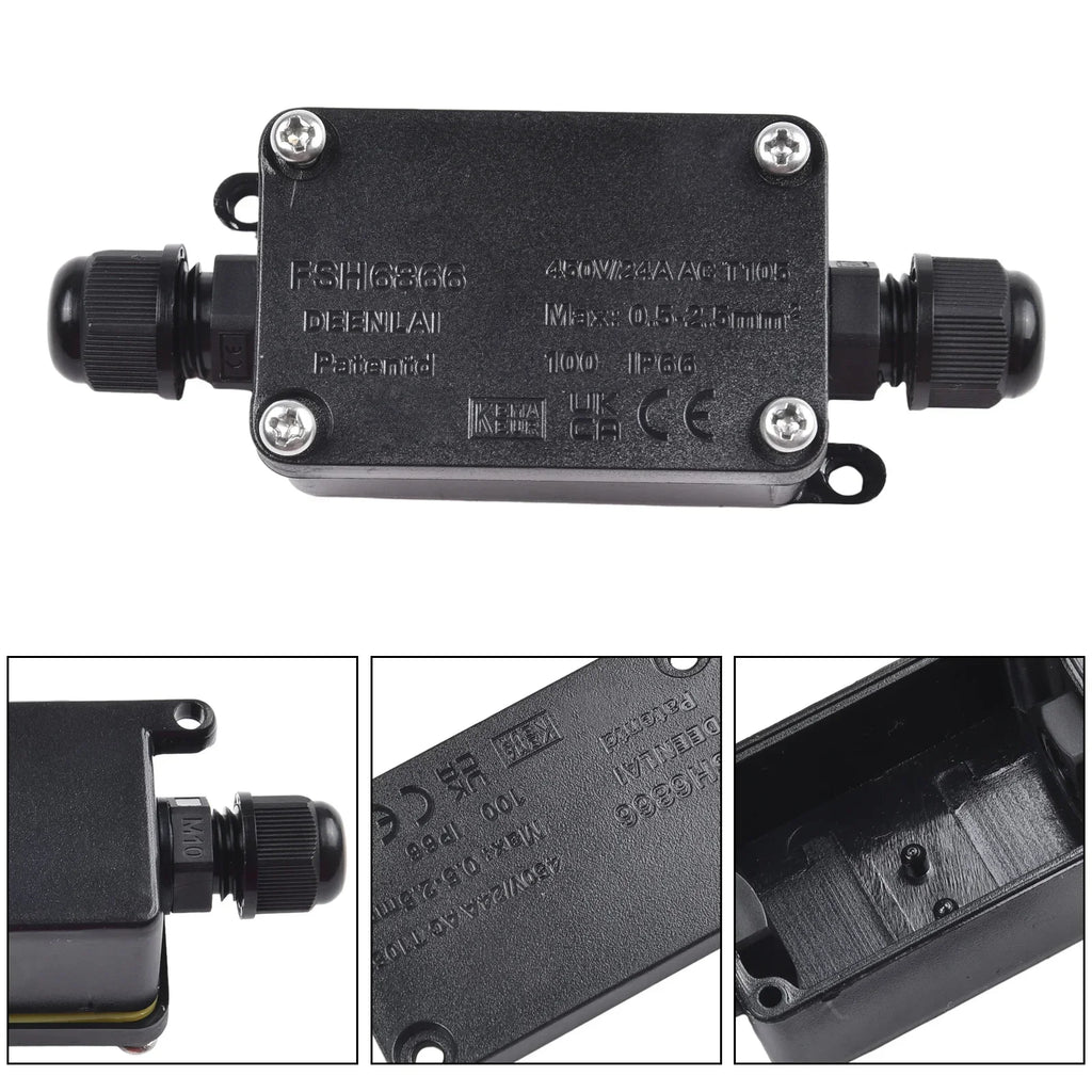 IP66 Waterproof 2-Port Outdoor Junction Box 240V Black