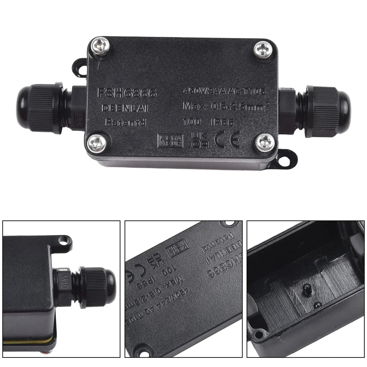 IP66 Waterproof 2-Port Outdoor Junction Box 240V Black