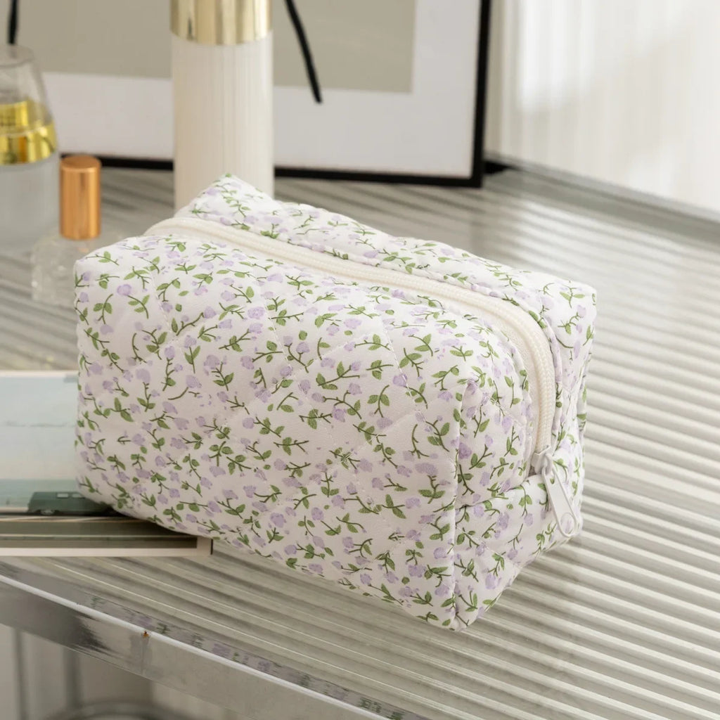 Floral Puffy Quilted Large Makeup Bag Travel Cosmetic Pouch Flower