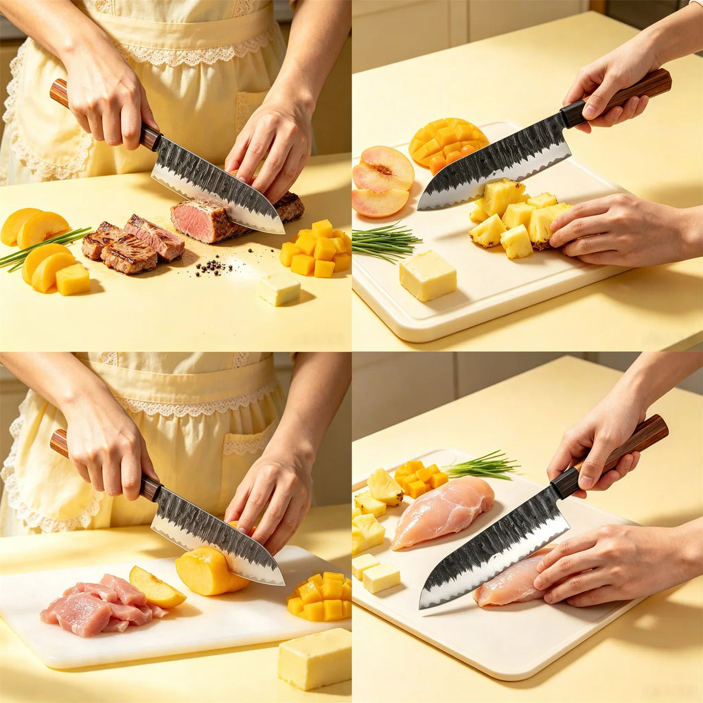 Premium Japanese Santoku Knife – Clad Steel, Wood Handle