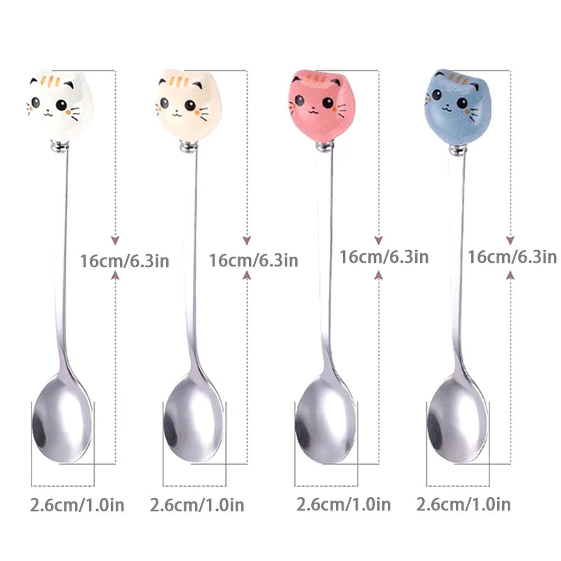 Stainless Steel Coffee Dessert Spoons Long Cat Handle Cartoon Ice