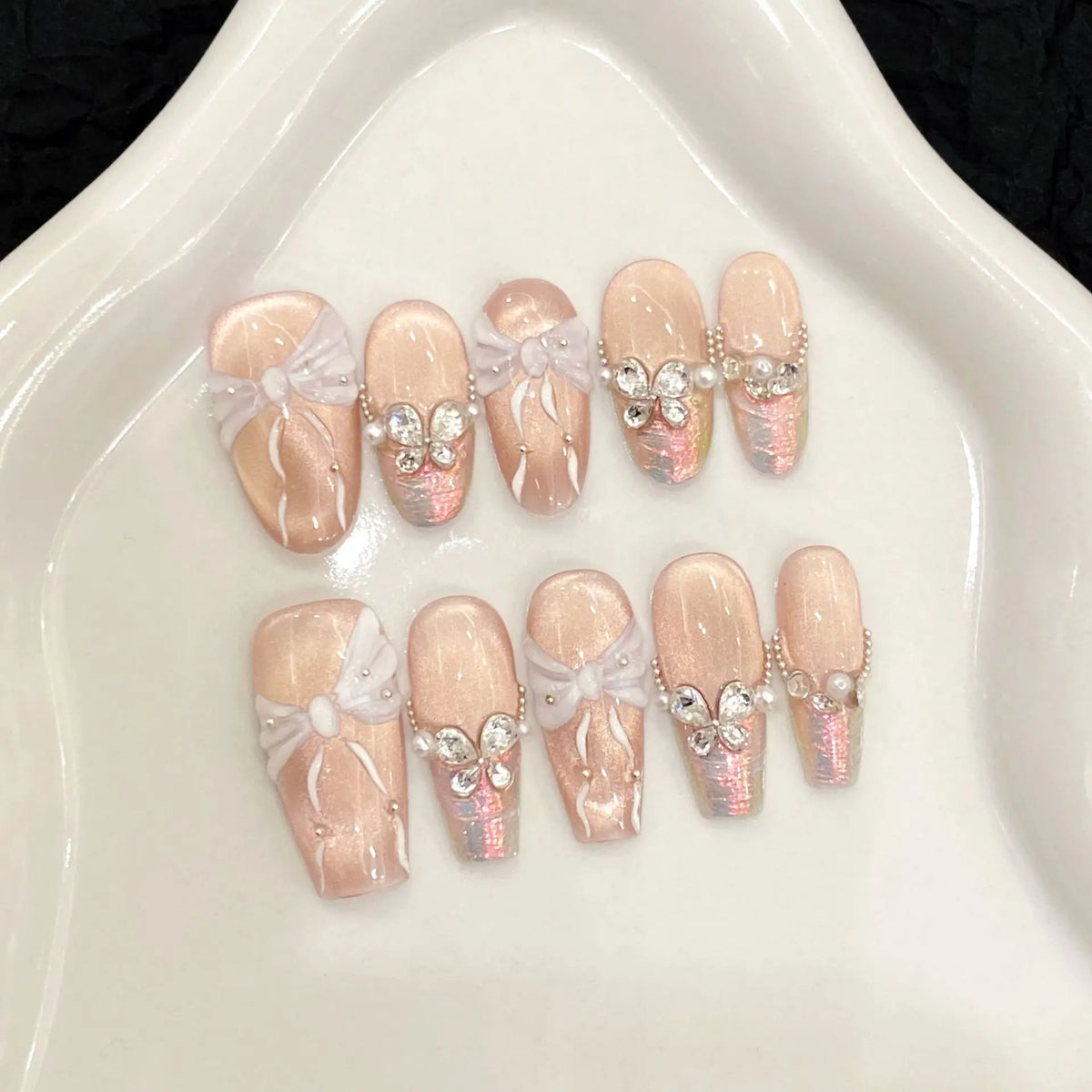 Korean 3D Bow Press On Nails | Aurora Glitter Diamond 10pcs Set