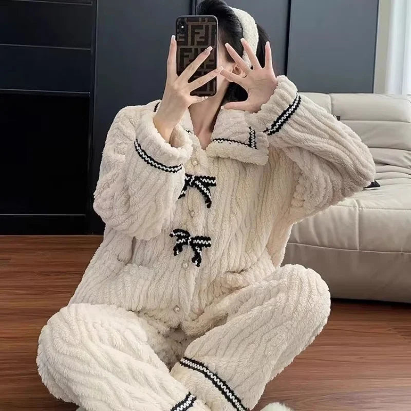 Women's Bow Pajama Set – Warm Thick Winter Sleepwear 2-Piece