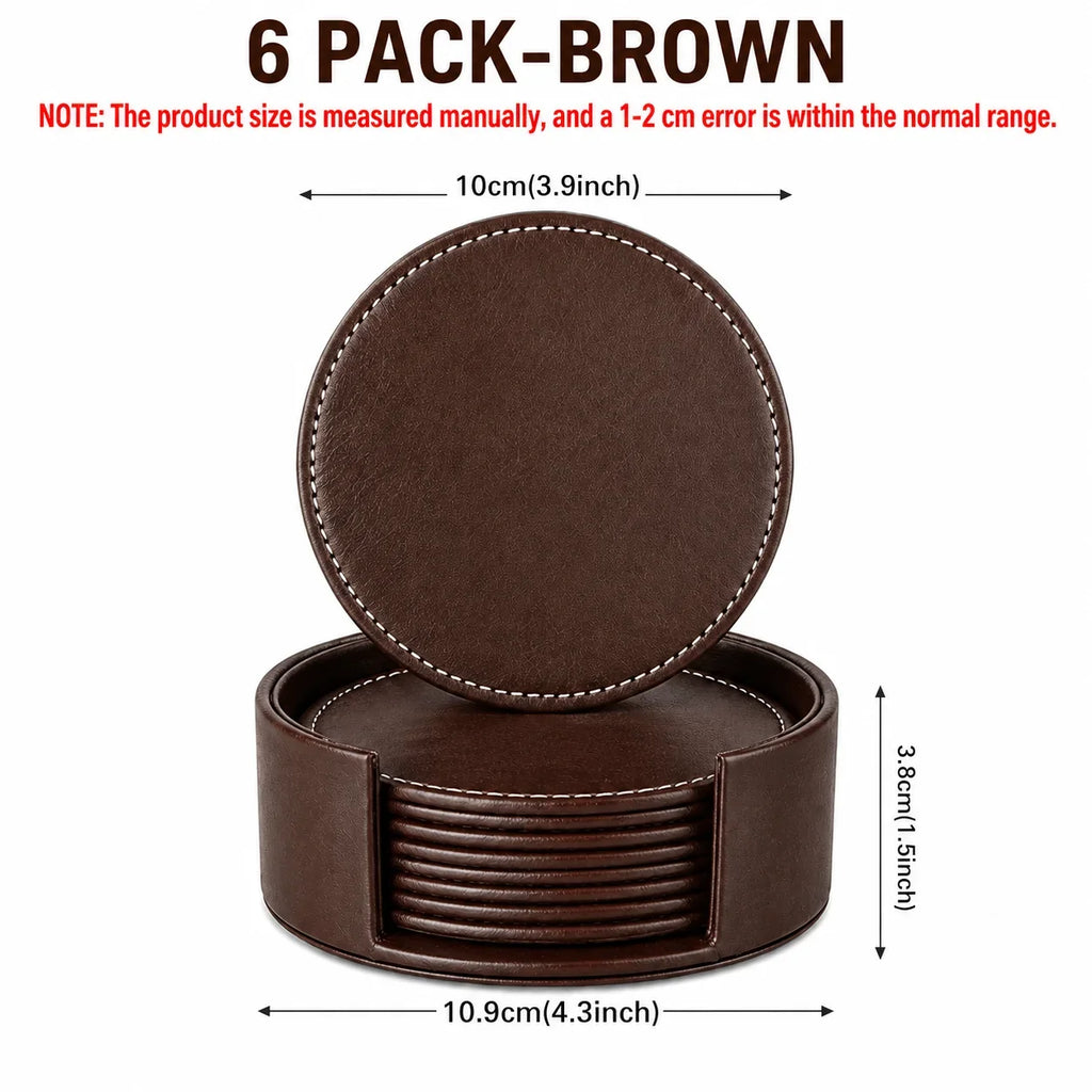 PU Leather Drink Coaster Set of 6 with Holder – Heat Resistant