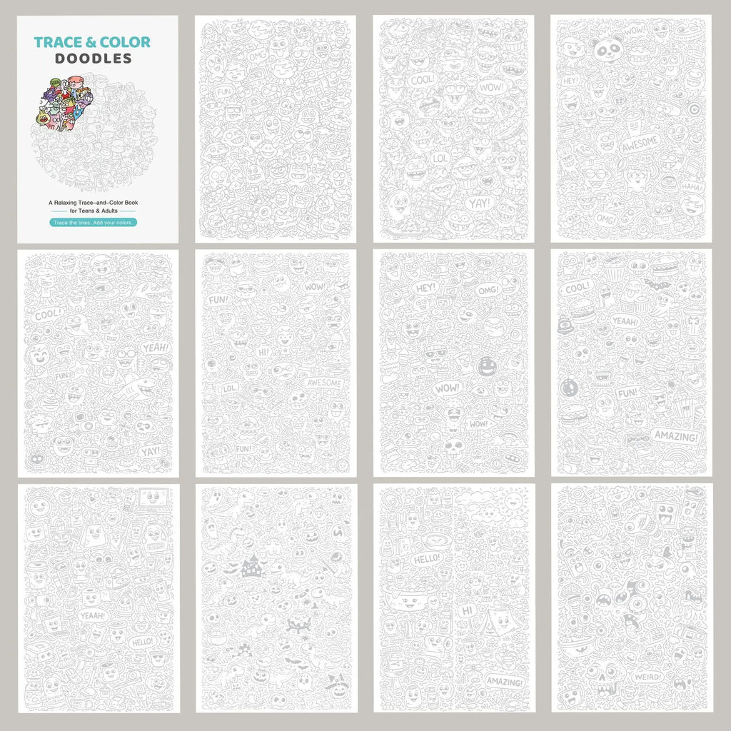 28 Page Trace&color Doodles Coloring Book Relaxing Doodle Art Tracing