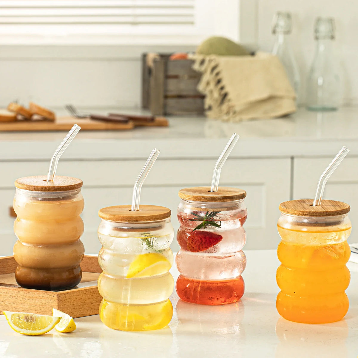 4-Pack Wave Borosilicate Glass Cups with Lid & Straw | KEMORELA