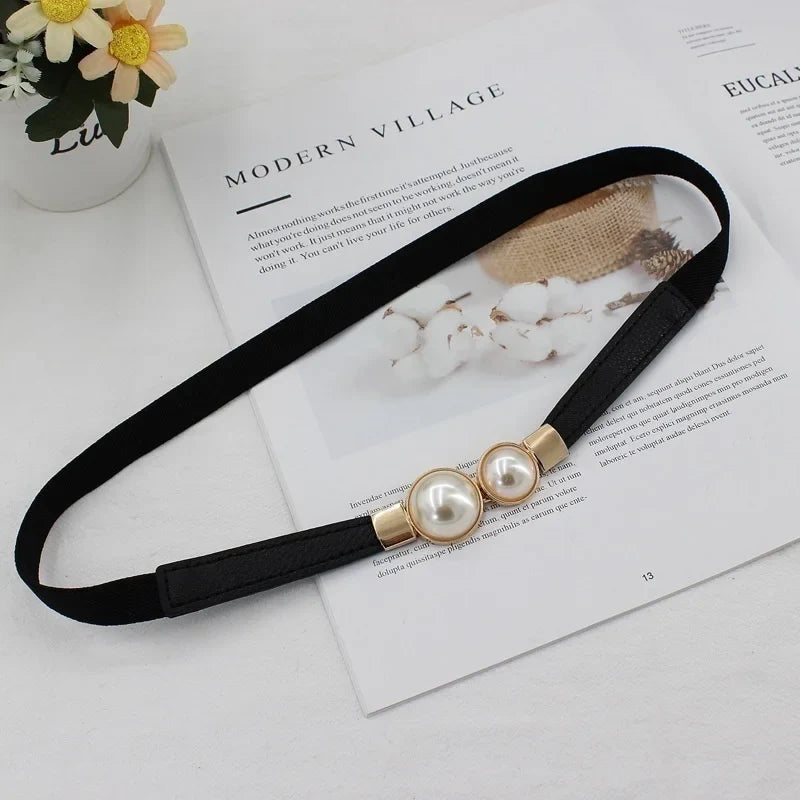 Elegant Double Pearls Buckle Elastic Women Belts Thin Straps Lady