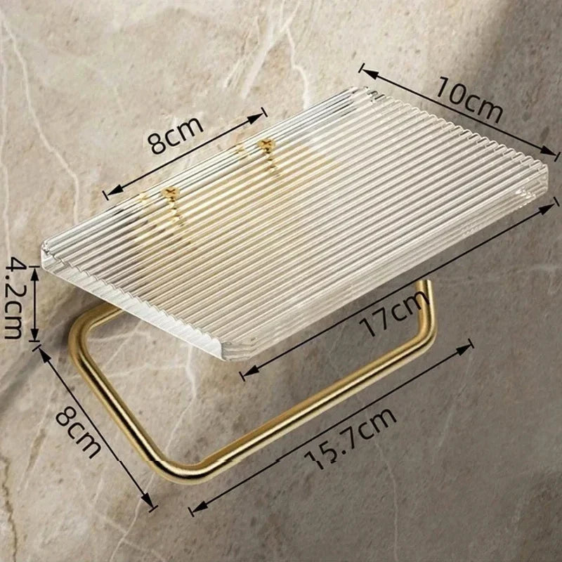 Gold Toilet Paper Holder with Shelf – No-Drill Acrylic Design