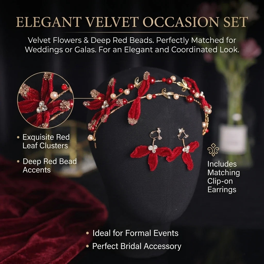 Red Velvet Bridal Headband & Earring Set | Chinese Wedding
