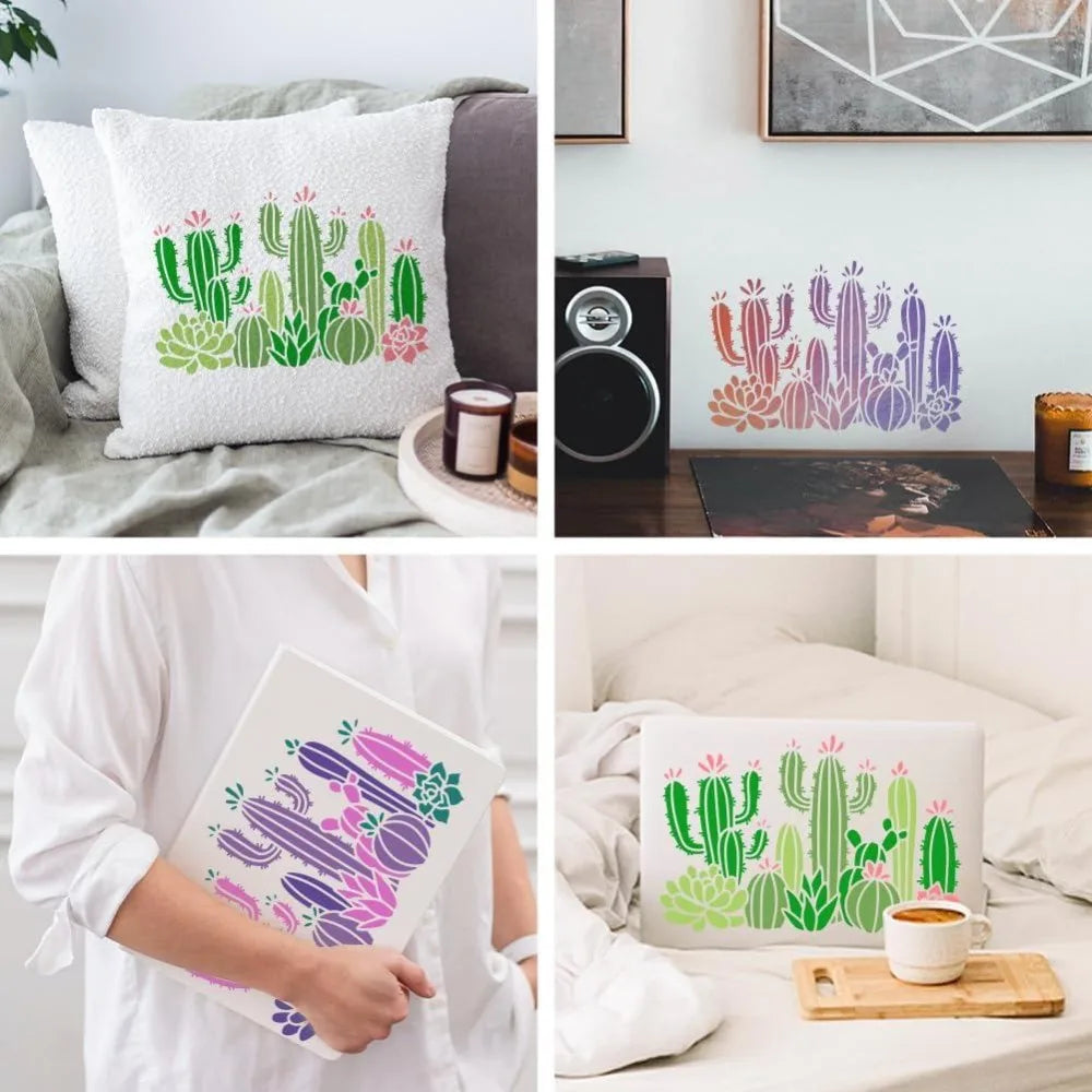 Cactus Succulent Reusable Stencil 11.7×8.3" with Paint Brush