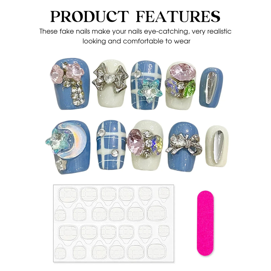 Handmade Press Nails Short Square Plaid Pattern False Wearable Shiny