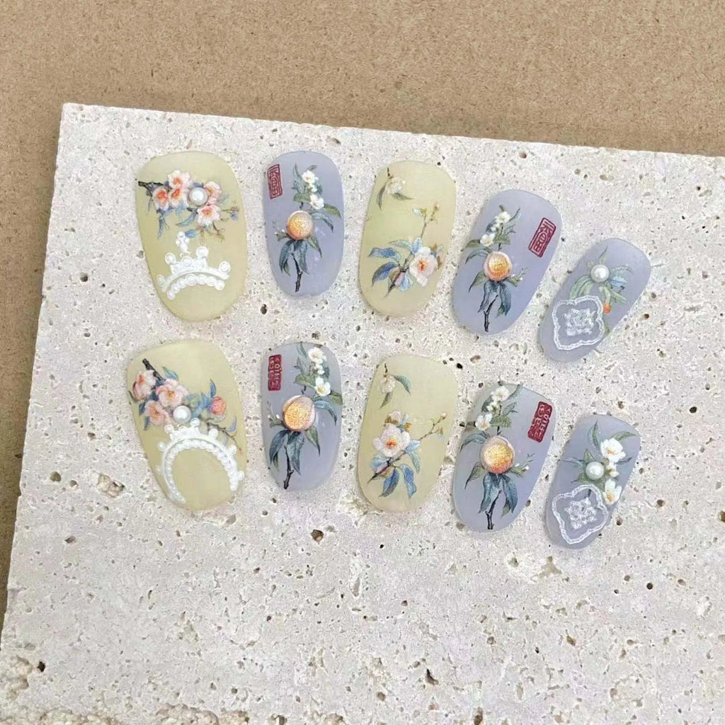 Press On Nails Yellow Blue Floral Pearl Design – Short Round