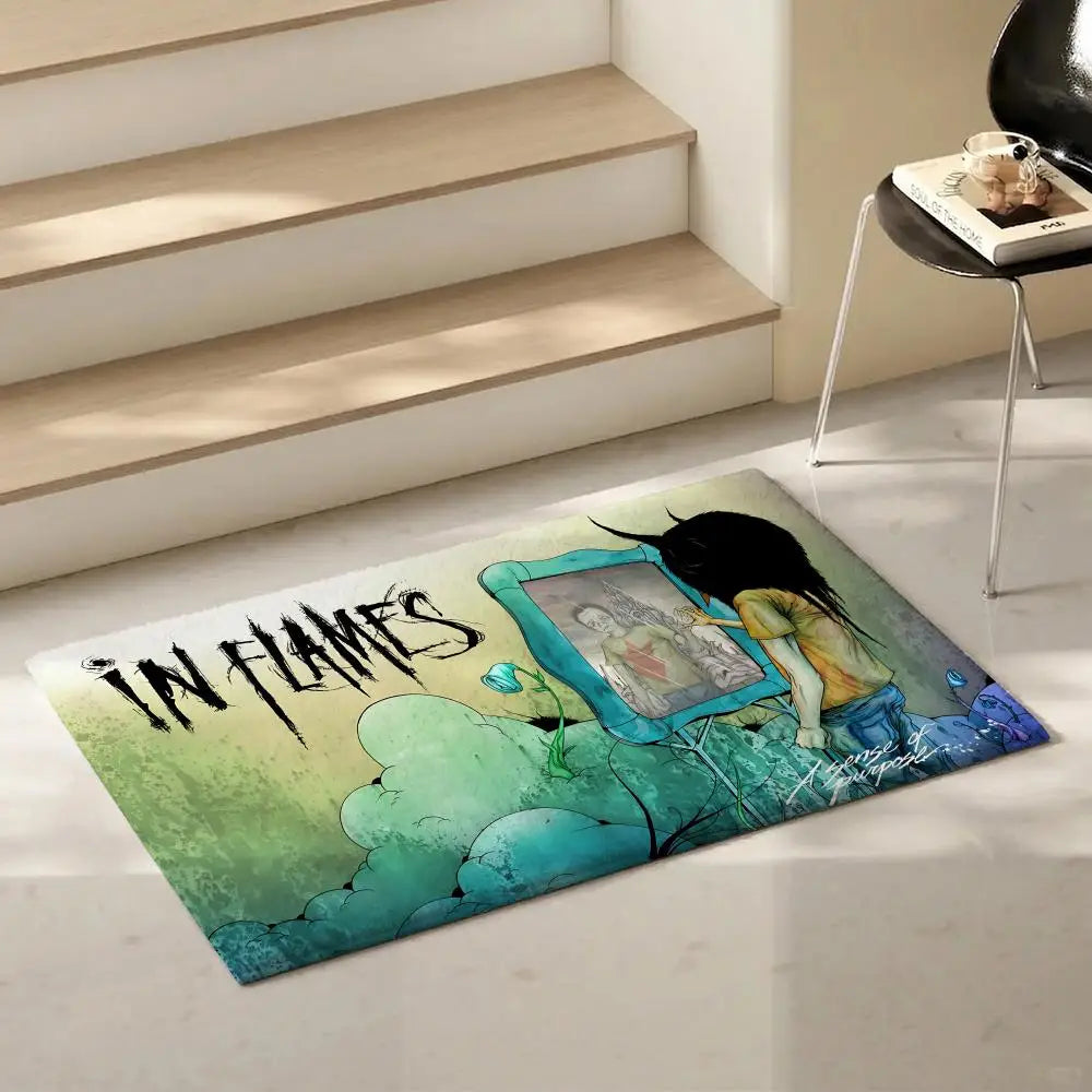 In Flames Band Flannel Floor Mat – Non-Slip Indoor Rug