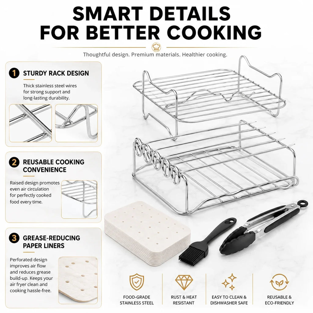 Dual Air Fryer Multi-Layer Rack with Skewers & Baking Paper