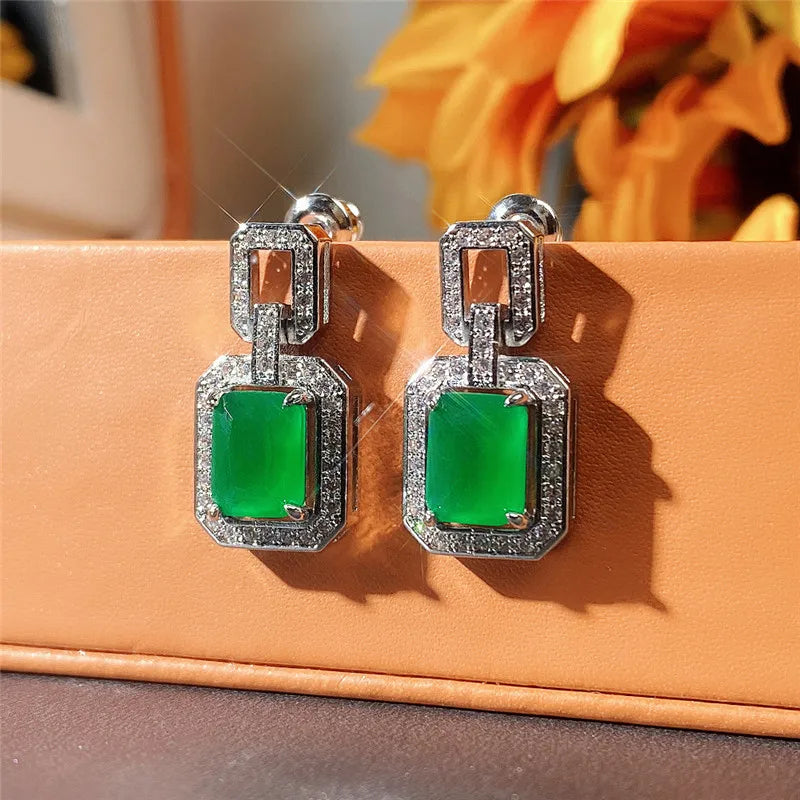 Huitan Vintage Green CZ Geometric Dangle Earrings for Women