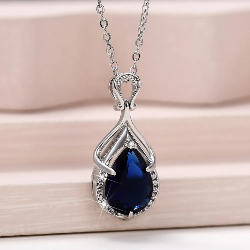 Huitan Blue Water Drop CZ Pendant Necklace for Women