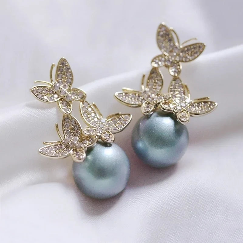 Huitan Butterfly Drop Earrings – CZ & Pearl Wedding Jewelry