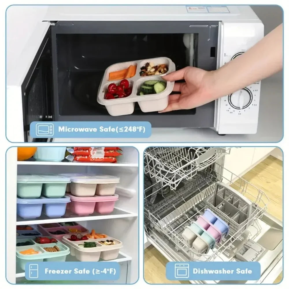 4 Grid Snack Containers Reusable Meal Prep Lunch Portable Kids Adults