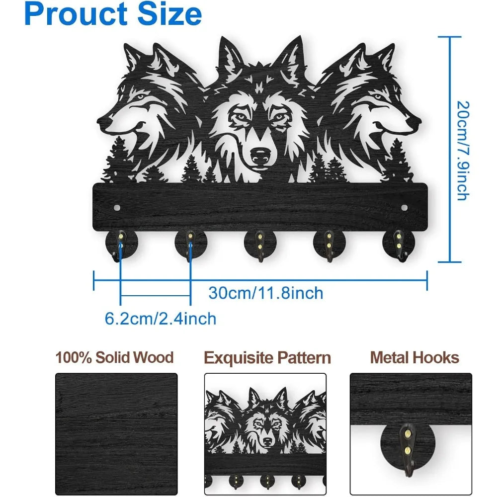 Wolf Forest Wood Wall Coat Rack – 5 Hook Key Holder 11.8in