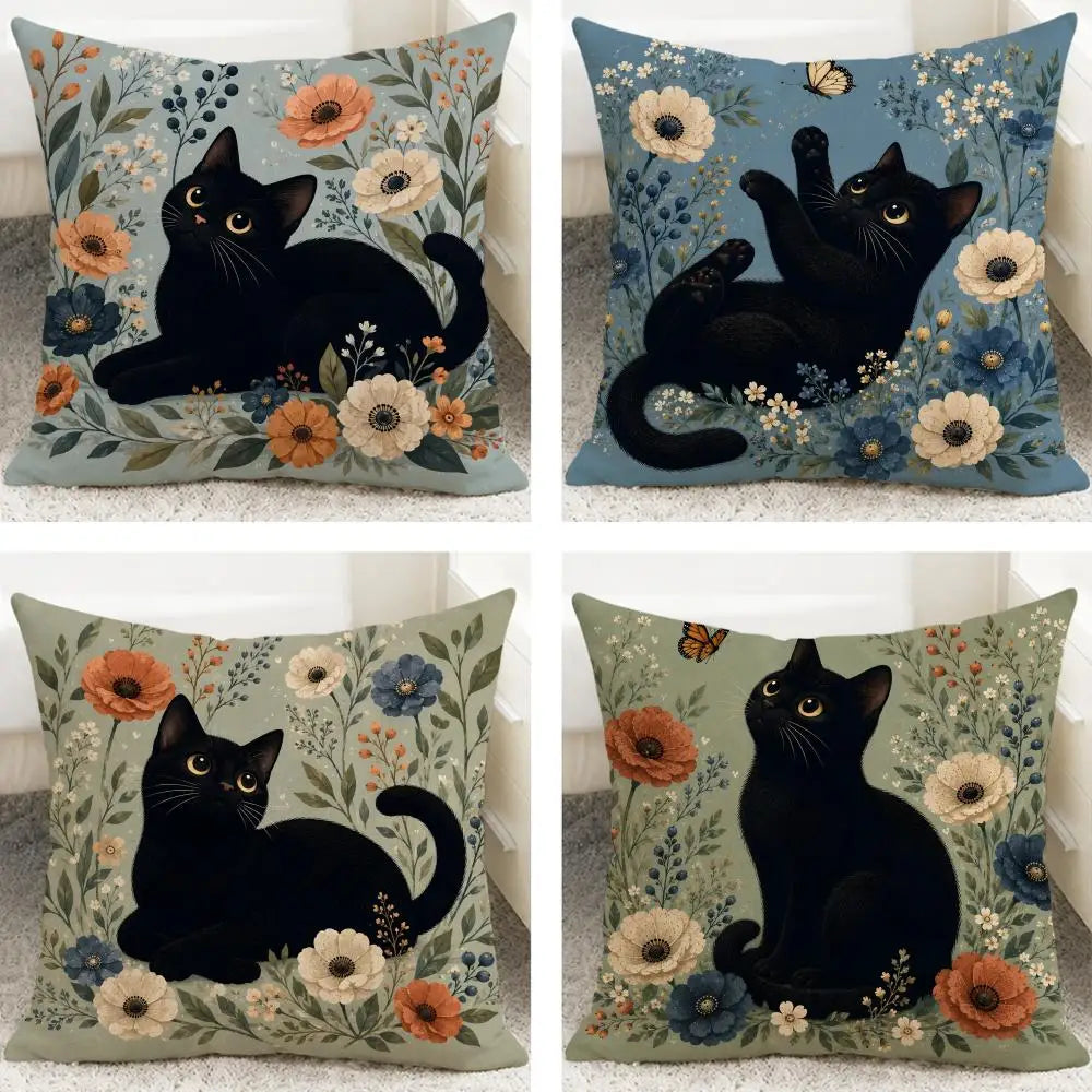 Black Cat Floral Linen Cushion Cover | Sofa & Bedroom Decor