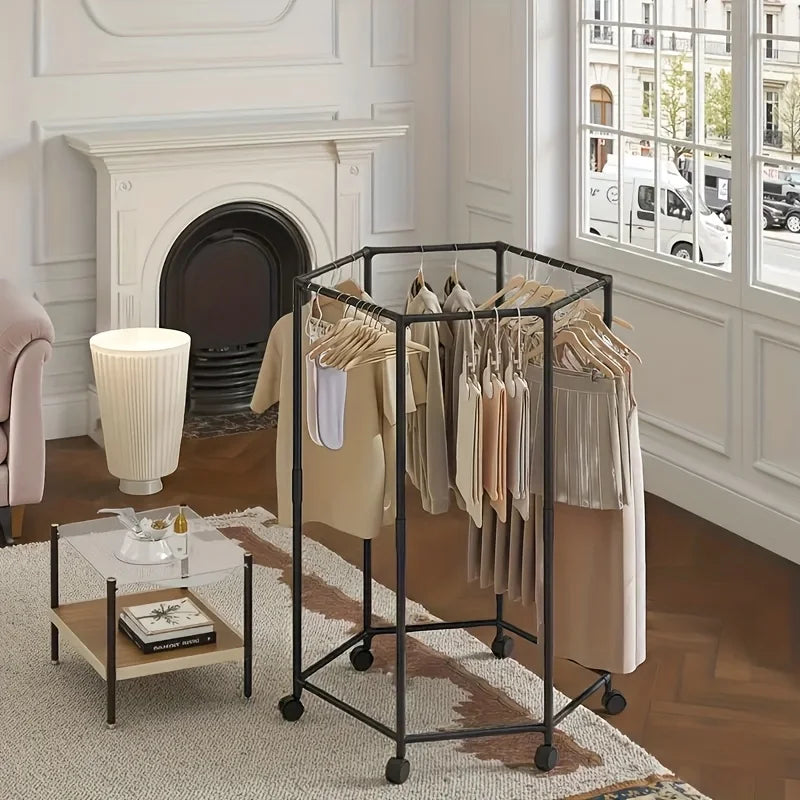 Freestanding 6-Bar Clothes Rack with Wheels & Shelves | Steel