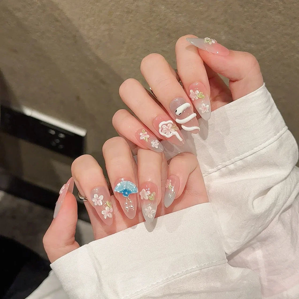 3D Flower Snake Press-On Nails | Almond Gradient False Nails